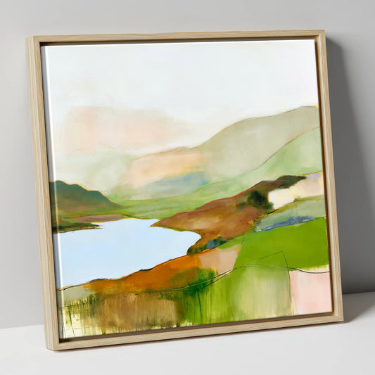 Contemporary Abstract Fells and Lake lake district lake canvas wall art in natural frame