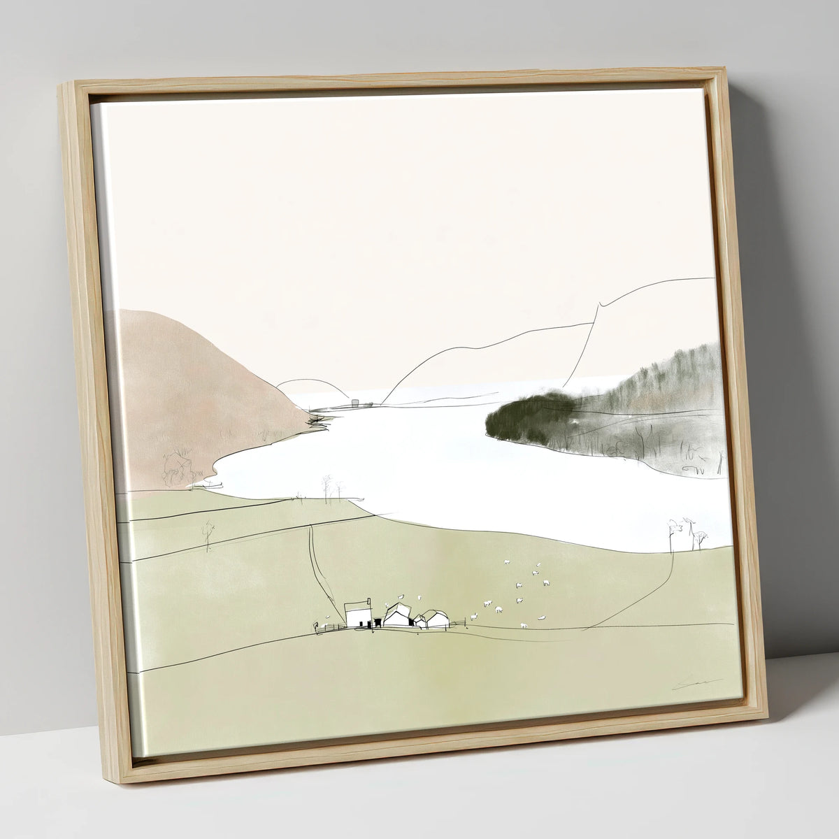 Loweswater Farm and Pale Fells lake district lake canvas wall art in natural frame