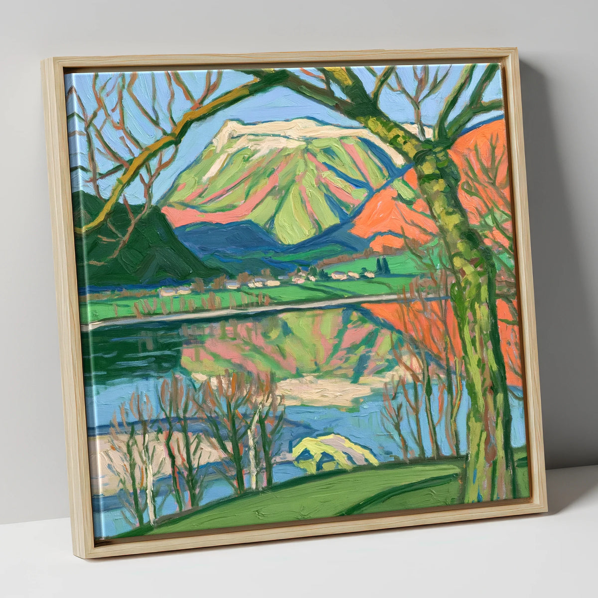 Vibrant Fells above Pooley Bridge lake district village canvas wall art in natural frame