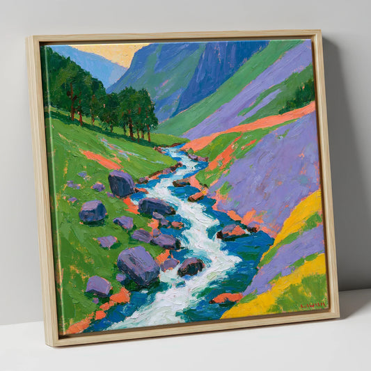 Vivid Rushing Fellside Beck lake district waterfall canvas wall art in natural frame