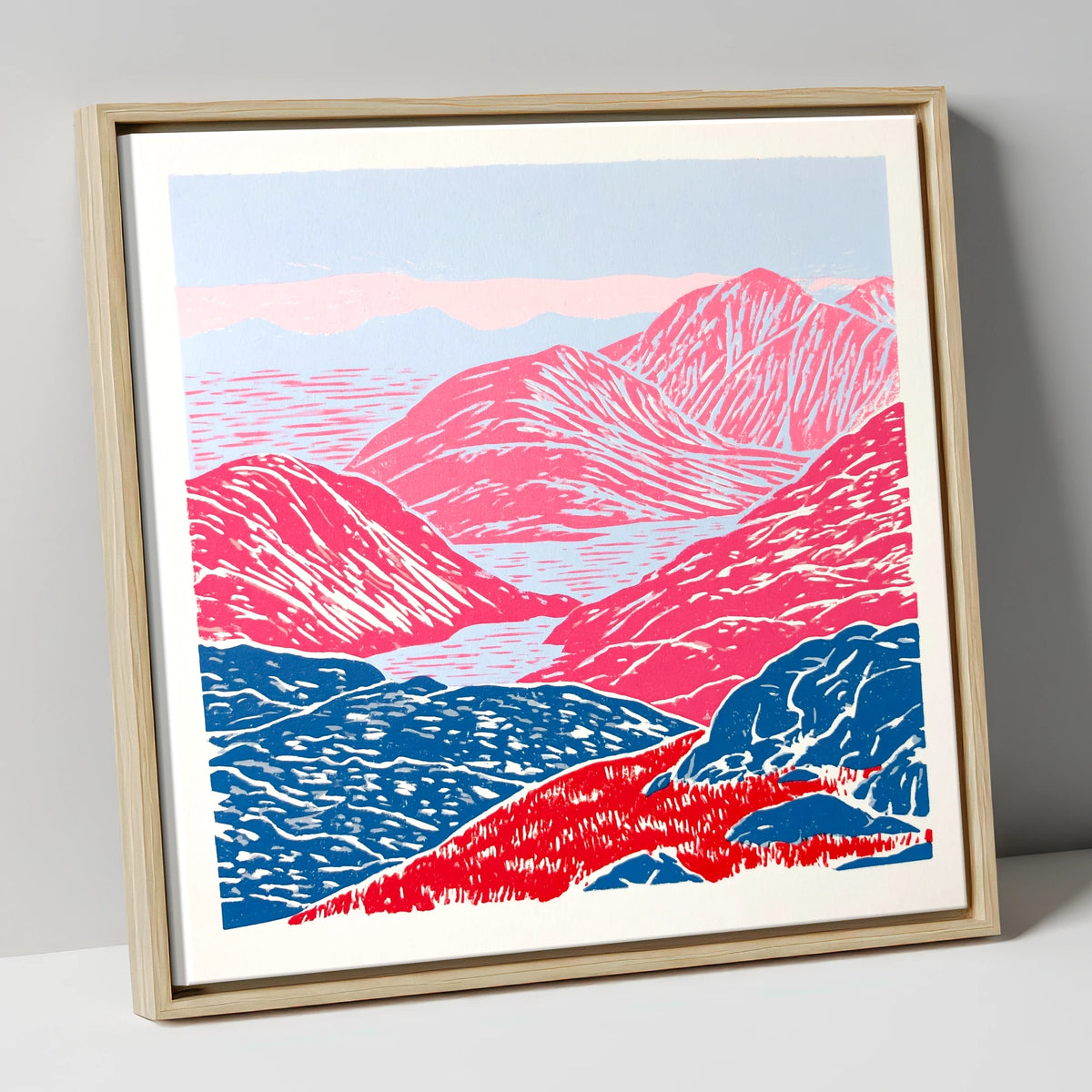 Cobalt and Crimson Summit View lake district fell canvas wall art in natural frame