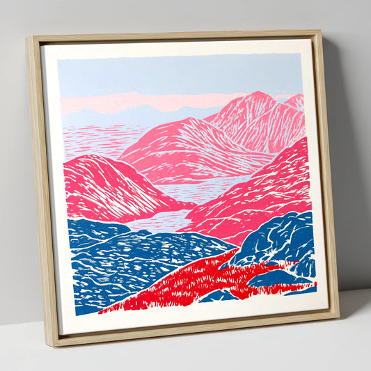 Cobalt and Crimson Summit View lake district fell canvas wall art in natural frame