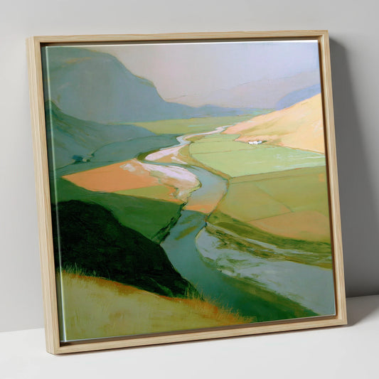 Winding River Through Sage Fells lake district waterfall canvas wall art in natural frame