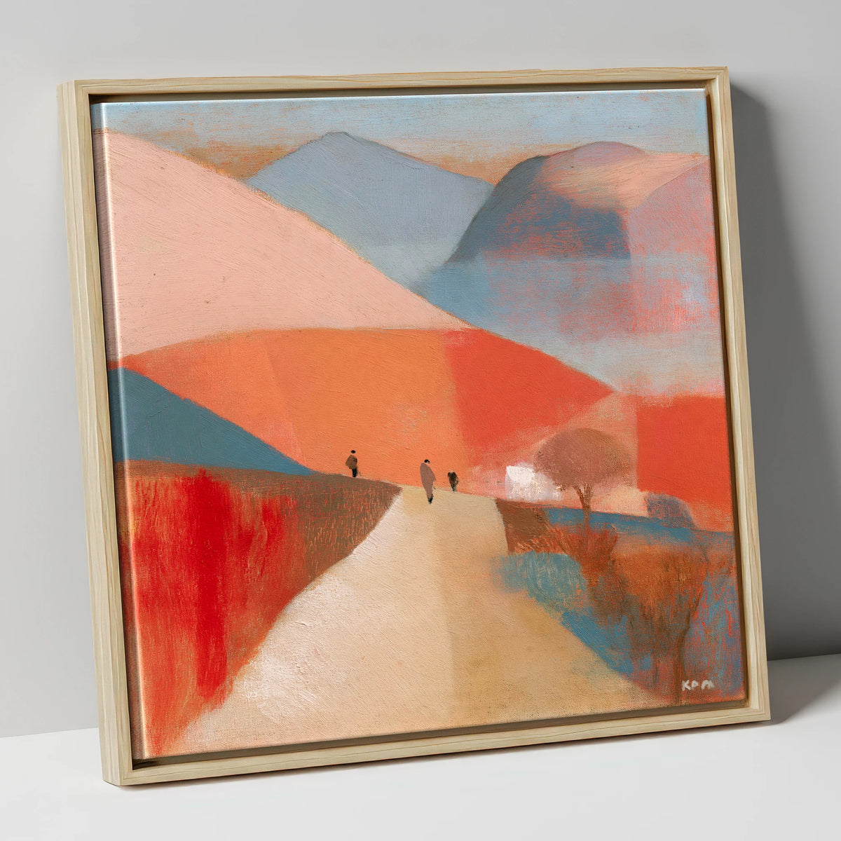 Walkers on a Coral Mountain Path lake district walking canvas wall art in natural frame