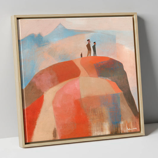 Abstract Fell Top Hikers lake district fell canvas wall art in natural frame