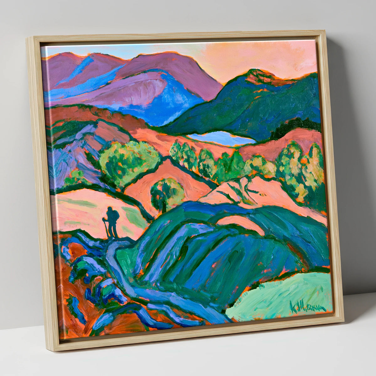 Hiker Silhouette in Vibrant Fells lake district walking canvas wall art in natural frame