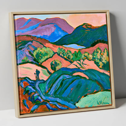 Hiker Silhouette in Vibrant Fells lake district walking canvas wall art in natural frame