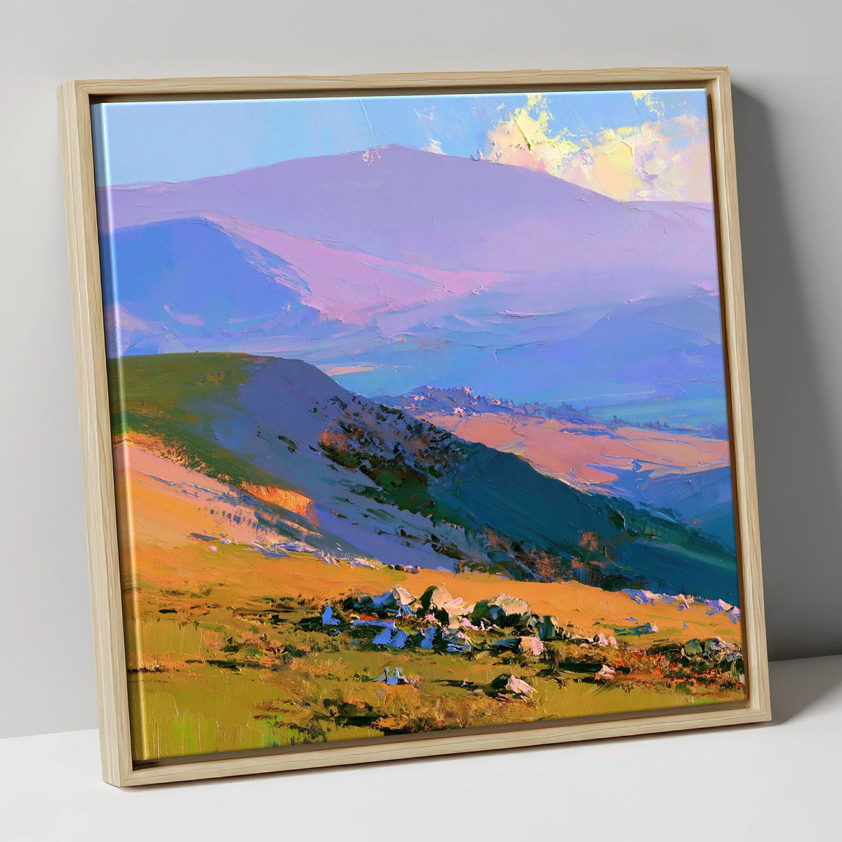 Sunlit Summit and Purple Fells lake district fell canvas wall art in natural frame