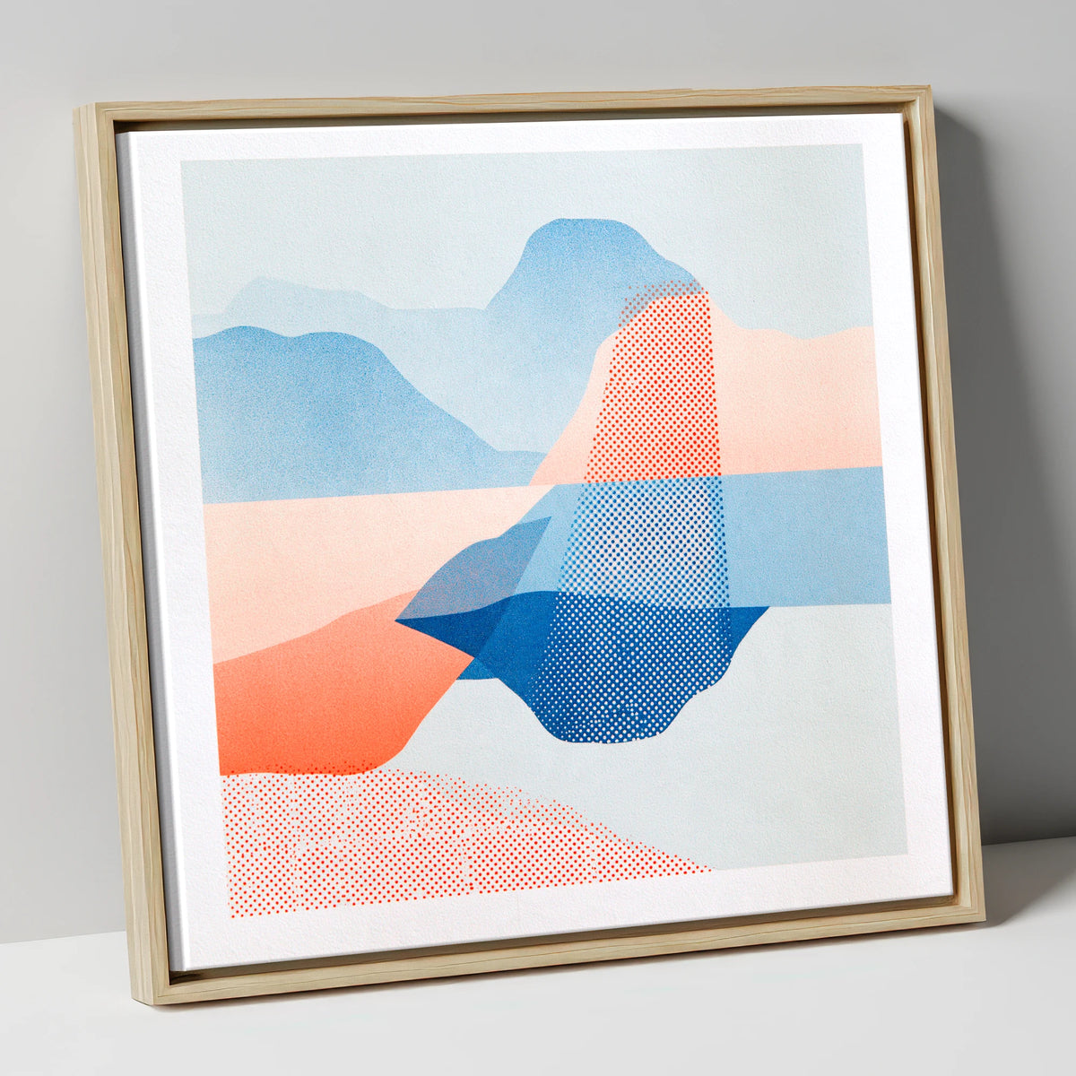 Abstract Grasmere in Coral and Cerulean lake district lake canvas wall art in natural frame