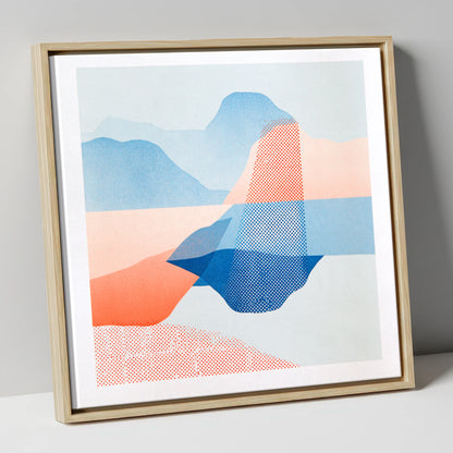 Abstract Grasmere in Coral and Cerulean lake district lake canvas wall art in natural frame