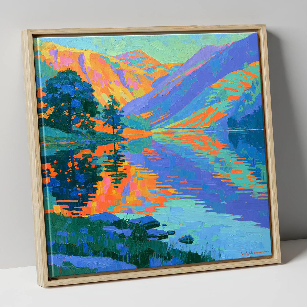 Vibrant Fells and Lake Reflections lake district lake canvas wall art in natural frame