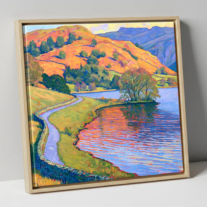 Sunlit Path Beside Rydal Water lake district lake canvas wall art in natural frame