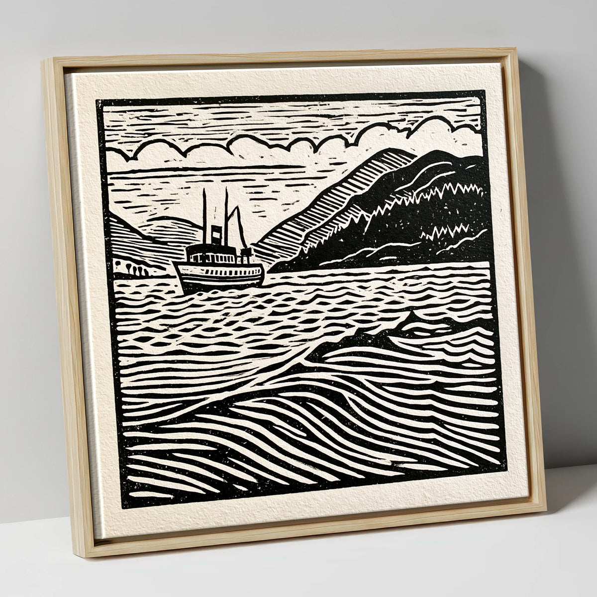 Monochrome Steamer on Ullswater lake district lake canvas wall art in natural frame