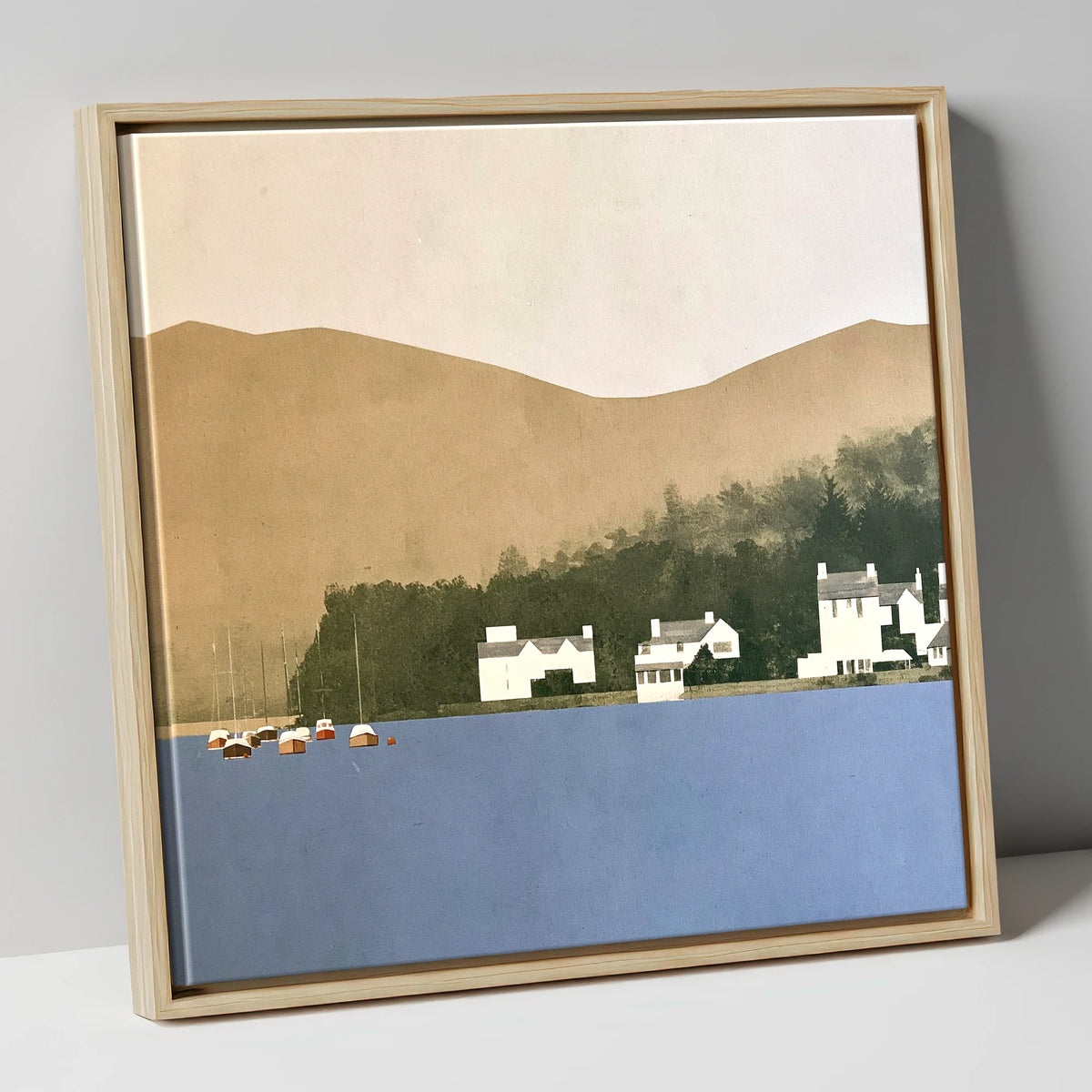 Moored Boats at Bowness Bay lake district village canvas wall art in natural frame