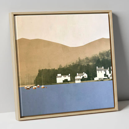 Moored Boats at Bowness Bay lake district village canvas wall art in natural frame