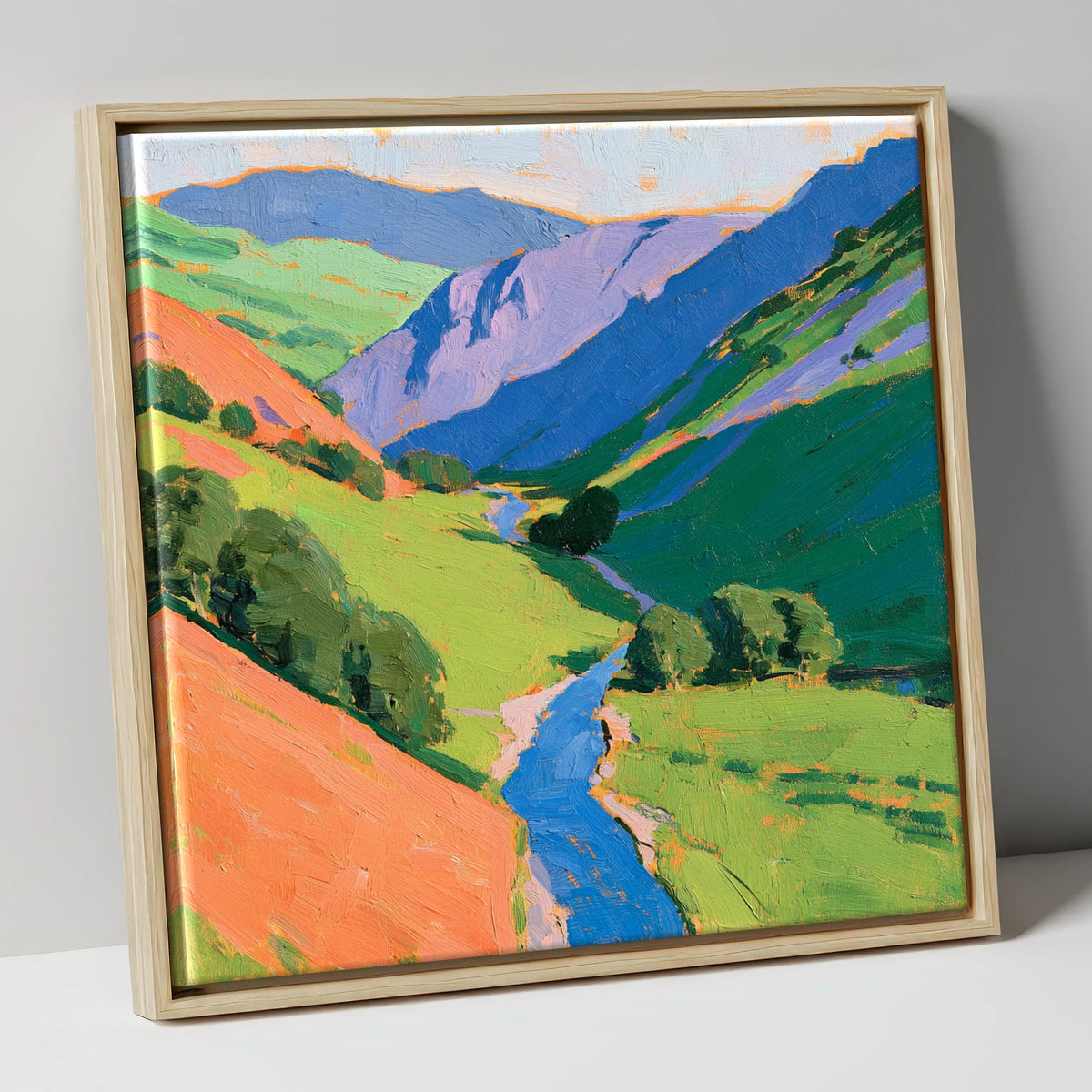 Cobalt River In Green Valley lake district valley canvas wall art in natural frame