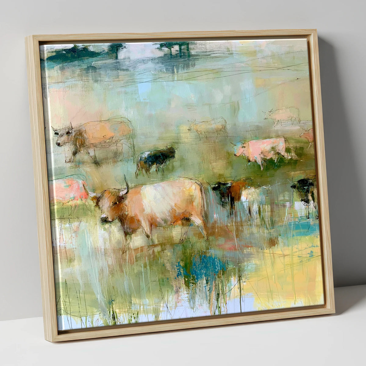 Highland Cattle in Pastel Washes lake district wildlife canvas wall art in natural frame