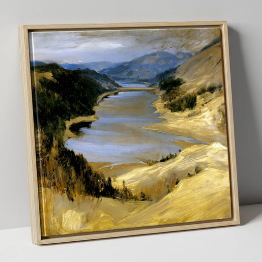 Thirlmere Reservoir in Golden Ochre lake district lake canvas wall art in natural frame