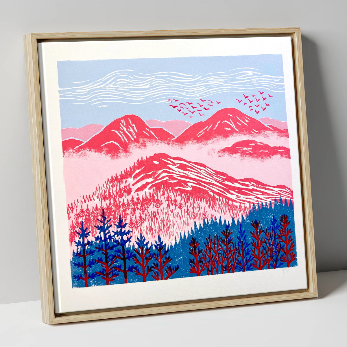 Red Misty Mountain Ridge lake district fell canvas wall art in natural frame
