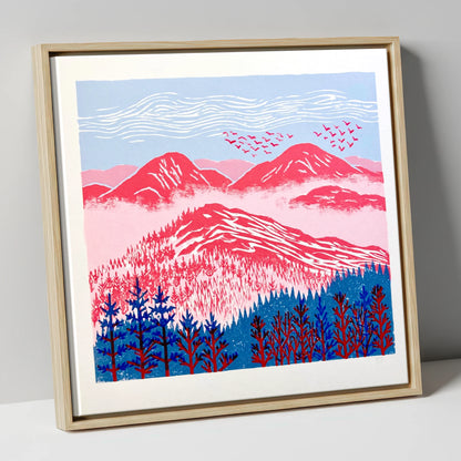 Red Misty Mountain Ridge lake district fell canvas wall art in natural frame