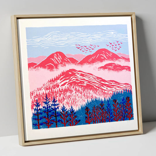Red Misty Mountain Ridge lake district fell canvas wall art in natural frame