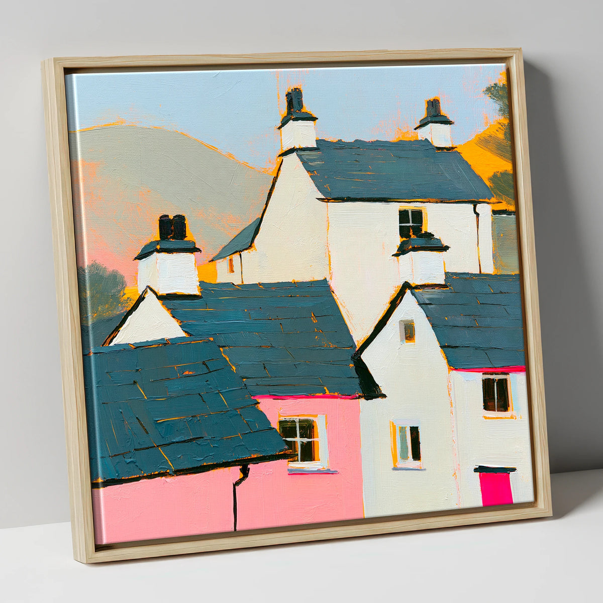 Vibrant Slate Roofed Cottages lake district village canvas wall art in natural frame