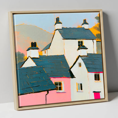 Vibrant Slate Roofed Cottages lake district village canvas wall art in natural frame