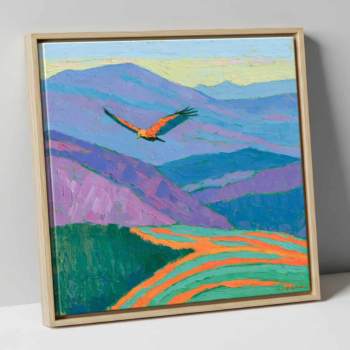 Soaring Buzzard Over Vibrant Fells lake district wildlife canvas wall art in natural frame