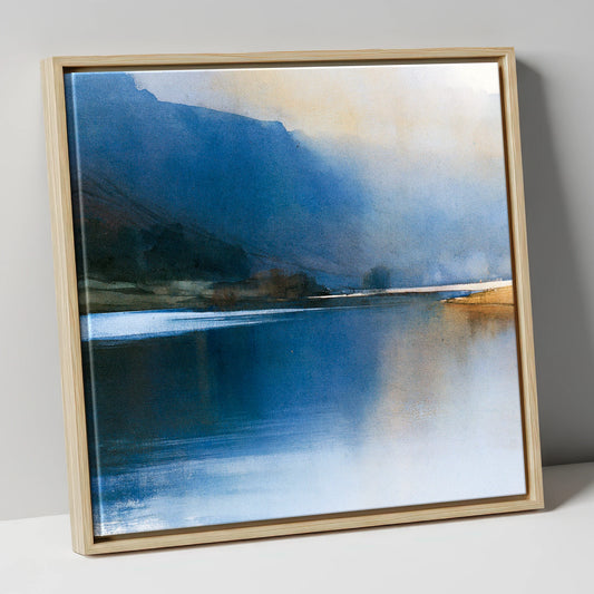 Indigo Fells and Lake Mist lake district lake canvas wall art in natural frame