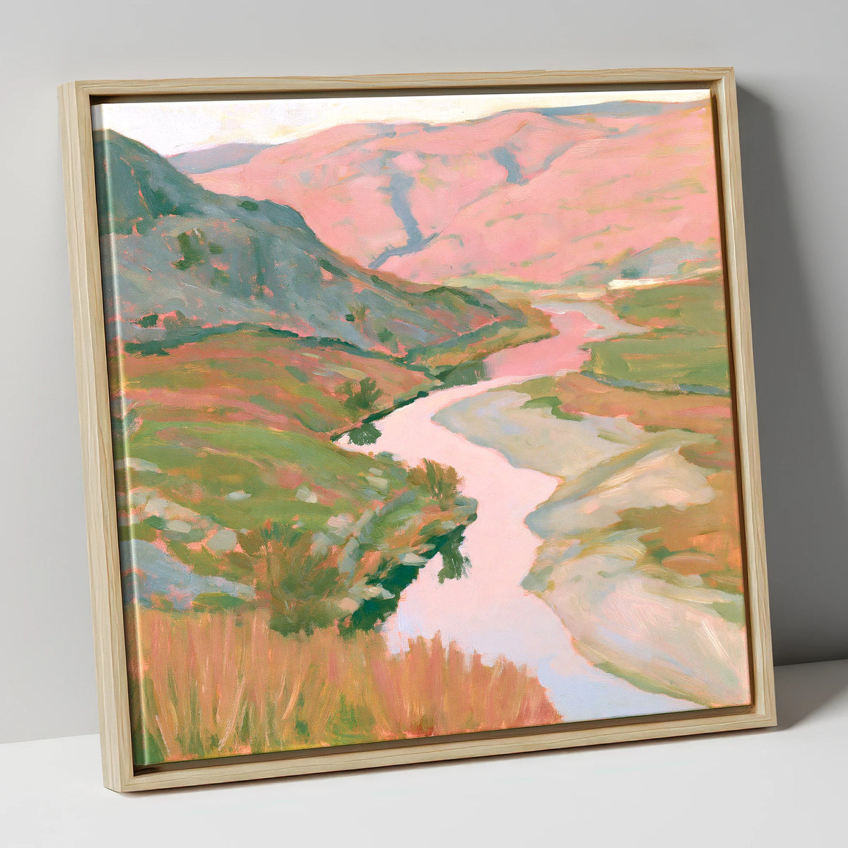 Pastel Light Over Valley River lake district waterfall canvas wall art in natural frame