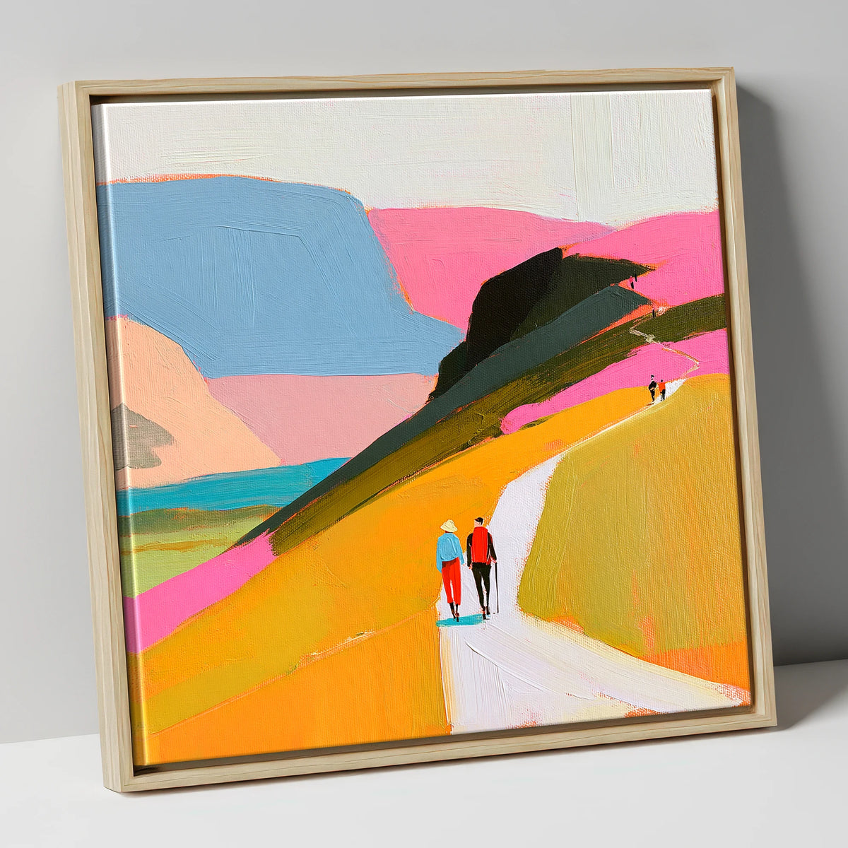 Walkers Ascending Colourful Fells lake district walking canvas wall art in natural frame