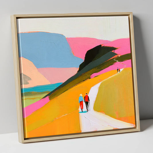 Walkers Ascending Colourful Fells lake district walking canvas wall art in natural frame