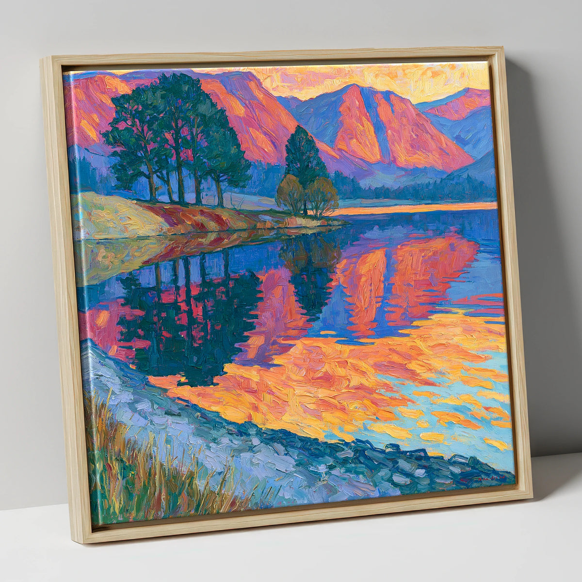 Vivid Dawn Lake Reflection lake district lake canvas wall art in natural frame