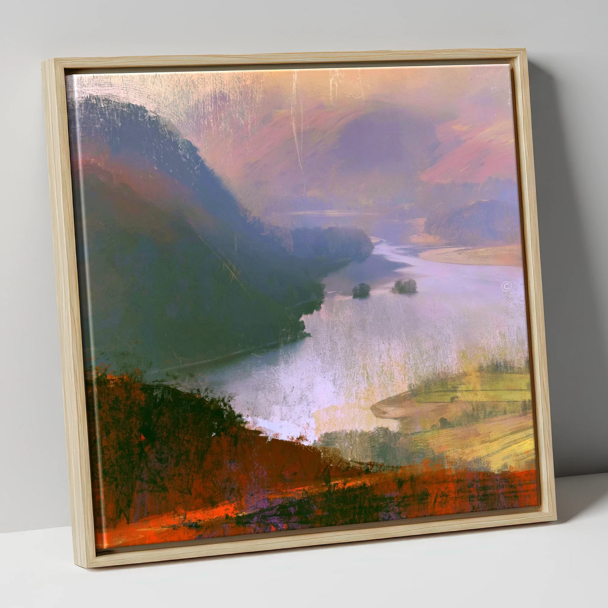 Winding Ullswater from the Fells lake district lake canvas wall art in natural frame