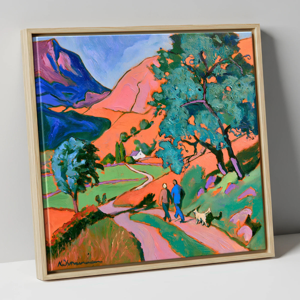 Vibrant Glenridding Dog Walk gifts for dog walkers canvas wall art in natural frame