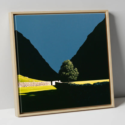 Sunlit Tree Between Silhouetted Fells lake district valley canvas wall art in natural frame