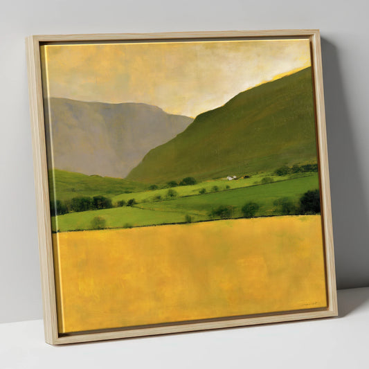 Golden Field Below the Fells lake district valley canvas wall art in natural frame