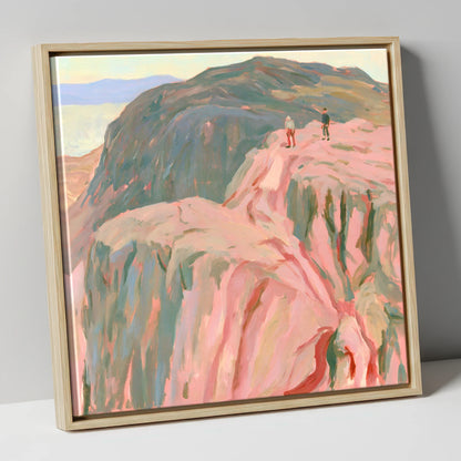 Climbers on a Rosy Crag lake district walking canvas wall art in natural frame