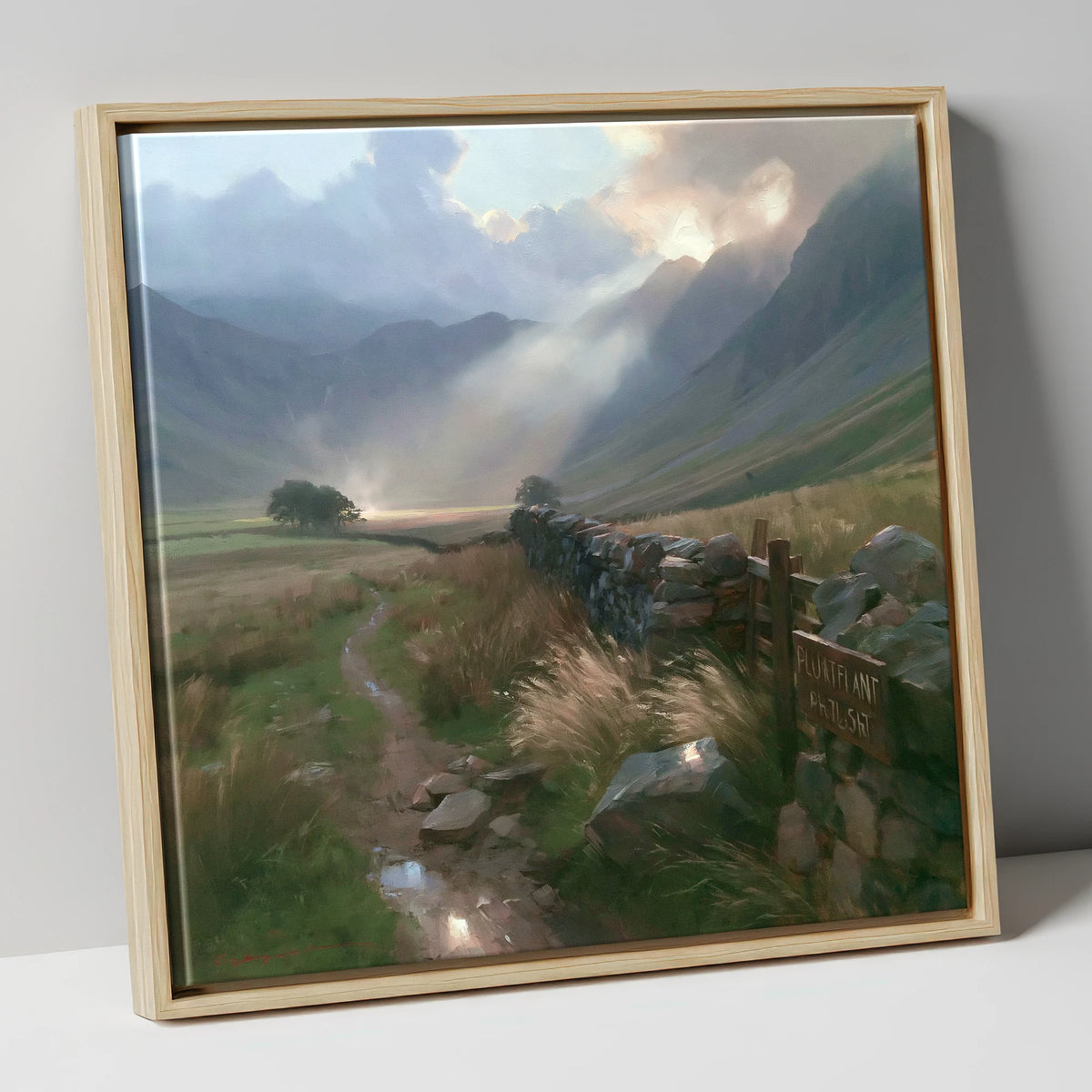 Valley Drystone Wall Under Sunburst lake district valley canvas wall art in natural frame