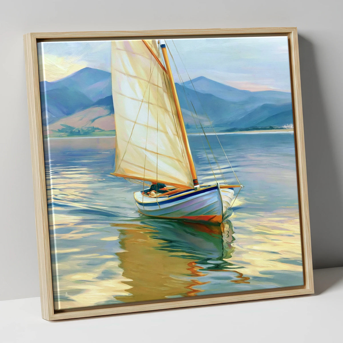 Sailing Boat on Golden Water lake district walking canvas wall art in natural frame