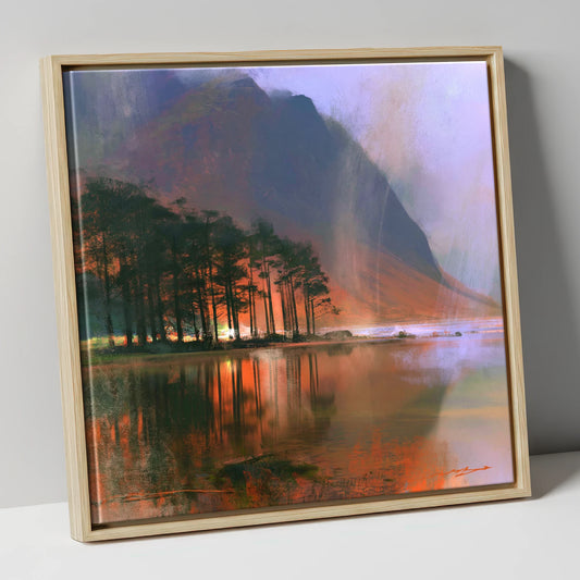 Buttermere Pines in Fiery Light lake district lake canvas wall art in natural frame