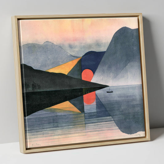 Geometric Sunrise on Still Lake lake district lake canvas wall art in natural frame