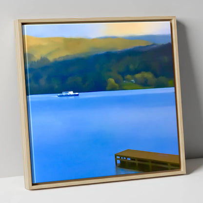 Jetty on Blue Coniston Water lake district lake canvas wall art in natural frame