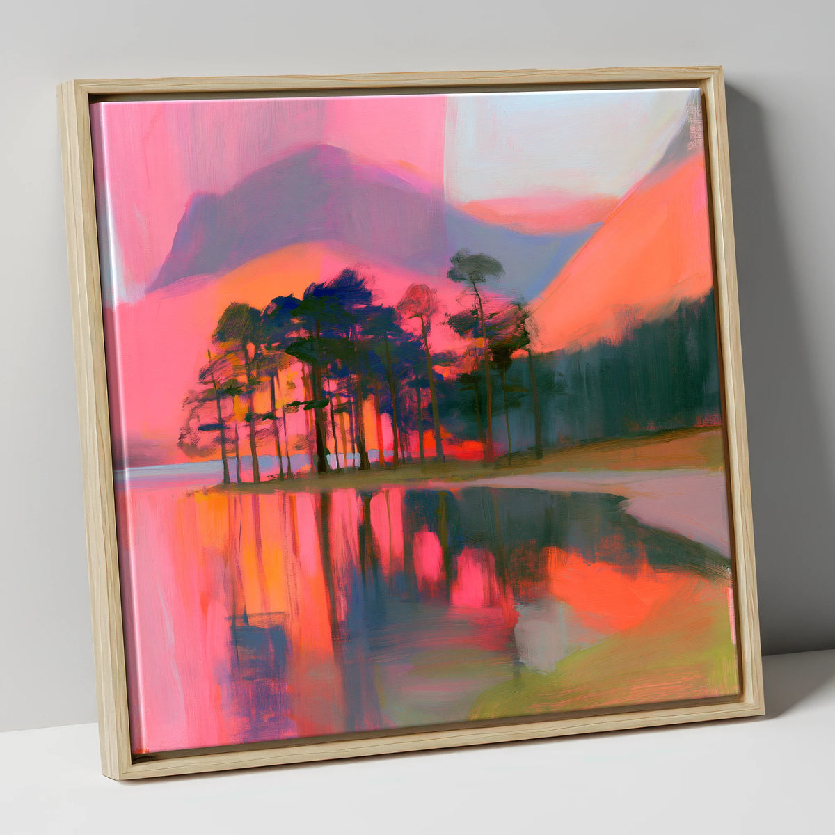 Neon Sunset Over Buttermere Pines lake district lake canvas wall art in natural frame
