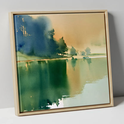 Calm Lake Reflections In Teal lake district lake canvas wall art in natural frame