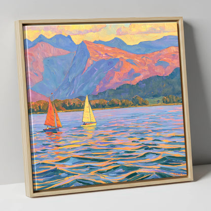Colourful Evening Sails on Windermere lake district lake canvas wall art in natural frame