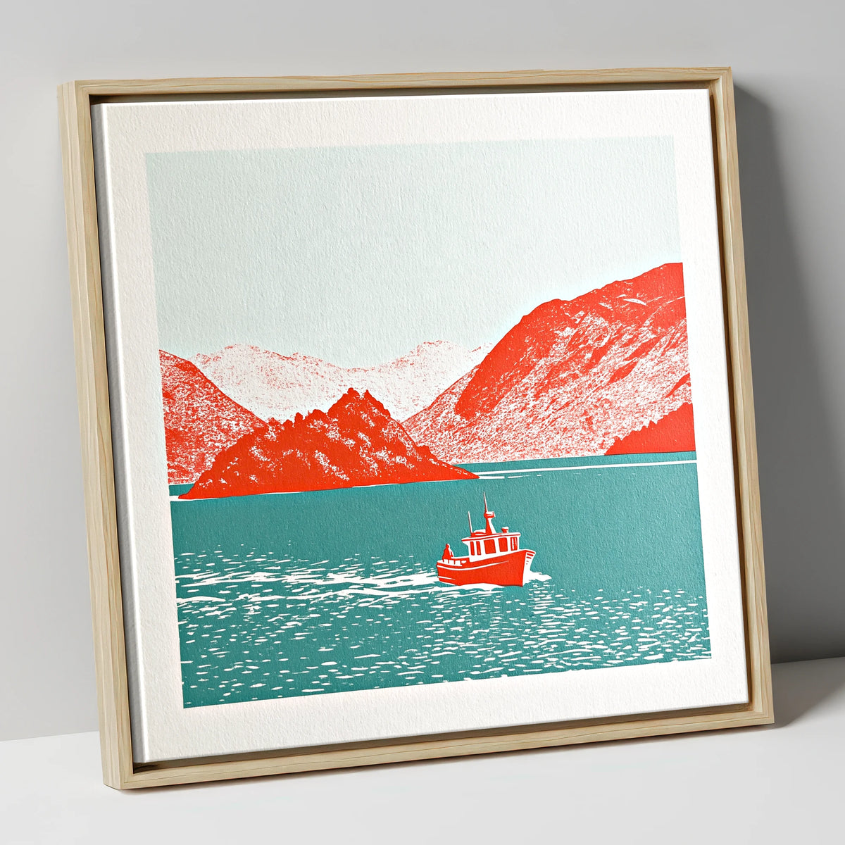 Red Boat on Teal Derwentwater lake district lake canvas wall art in natural frame