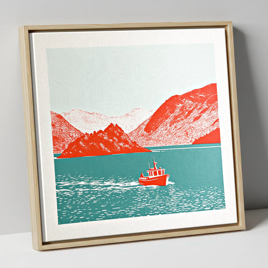 Red Boat on Teal Derwentwater lake district lake canvas wall art in natural frame