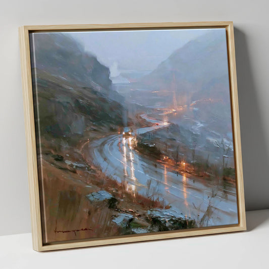 Rainy Mountain Pass at Dusk lake district valley canvas wall art in natural frame