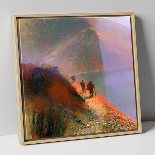 Walkers on a Misty Fell Path lake district walking canvas wall art in natural frame